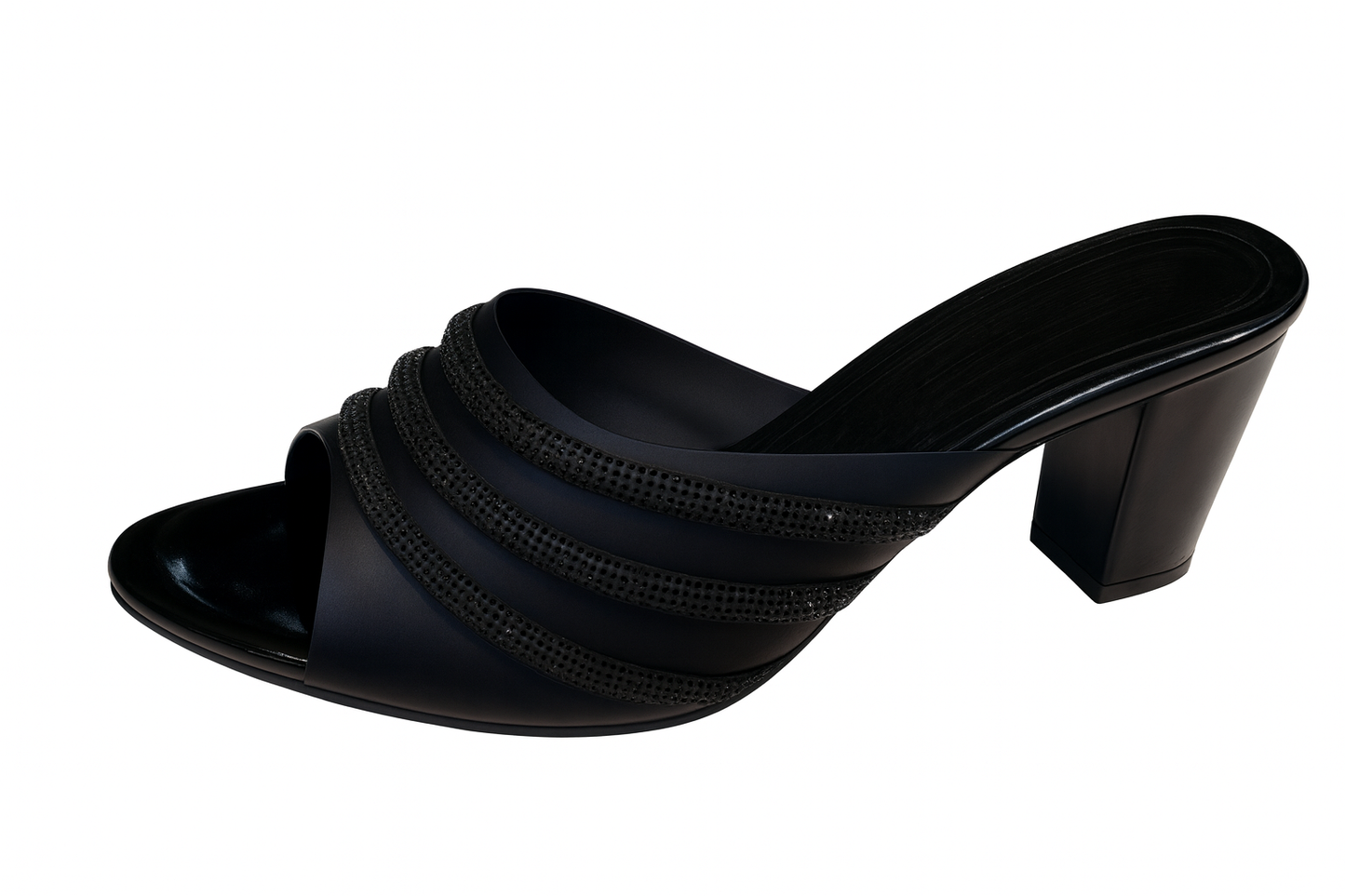 Black Glitter Strap Block Heels