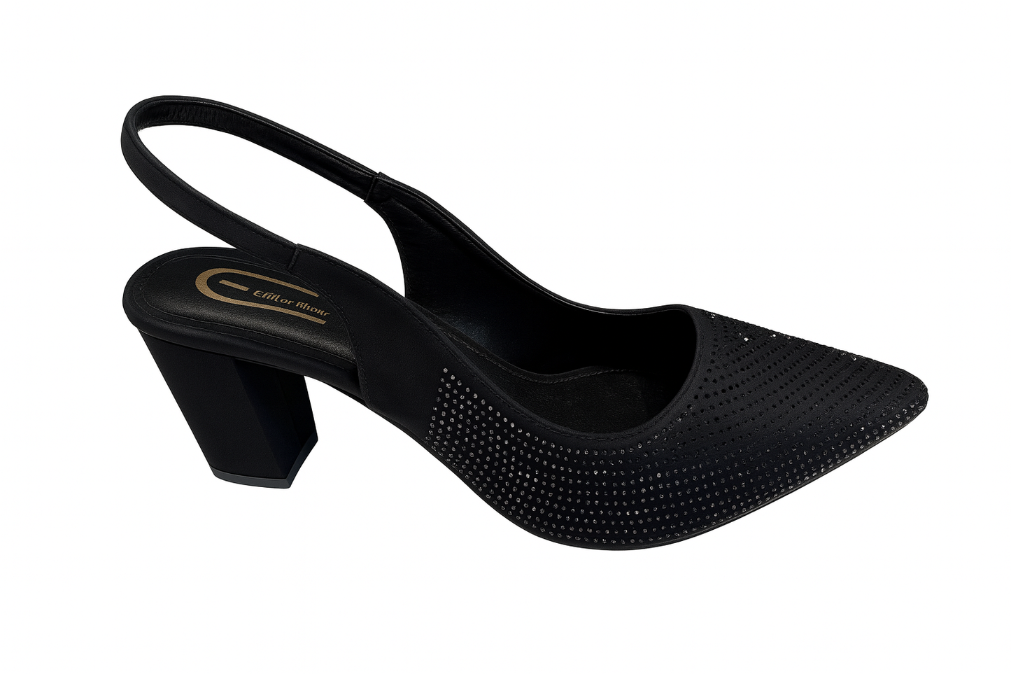 Black Rhinestone Slingback Block Heel Pumps
