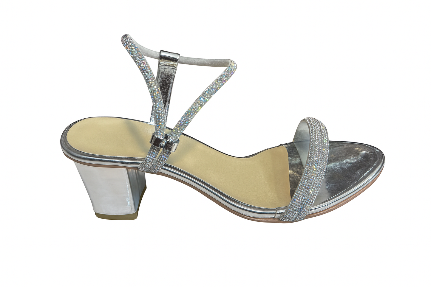 Silver Sparkle Crystal Strap Block Heels