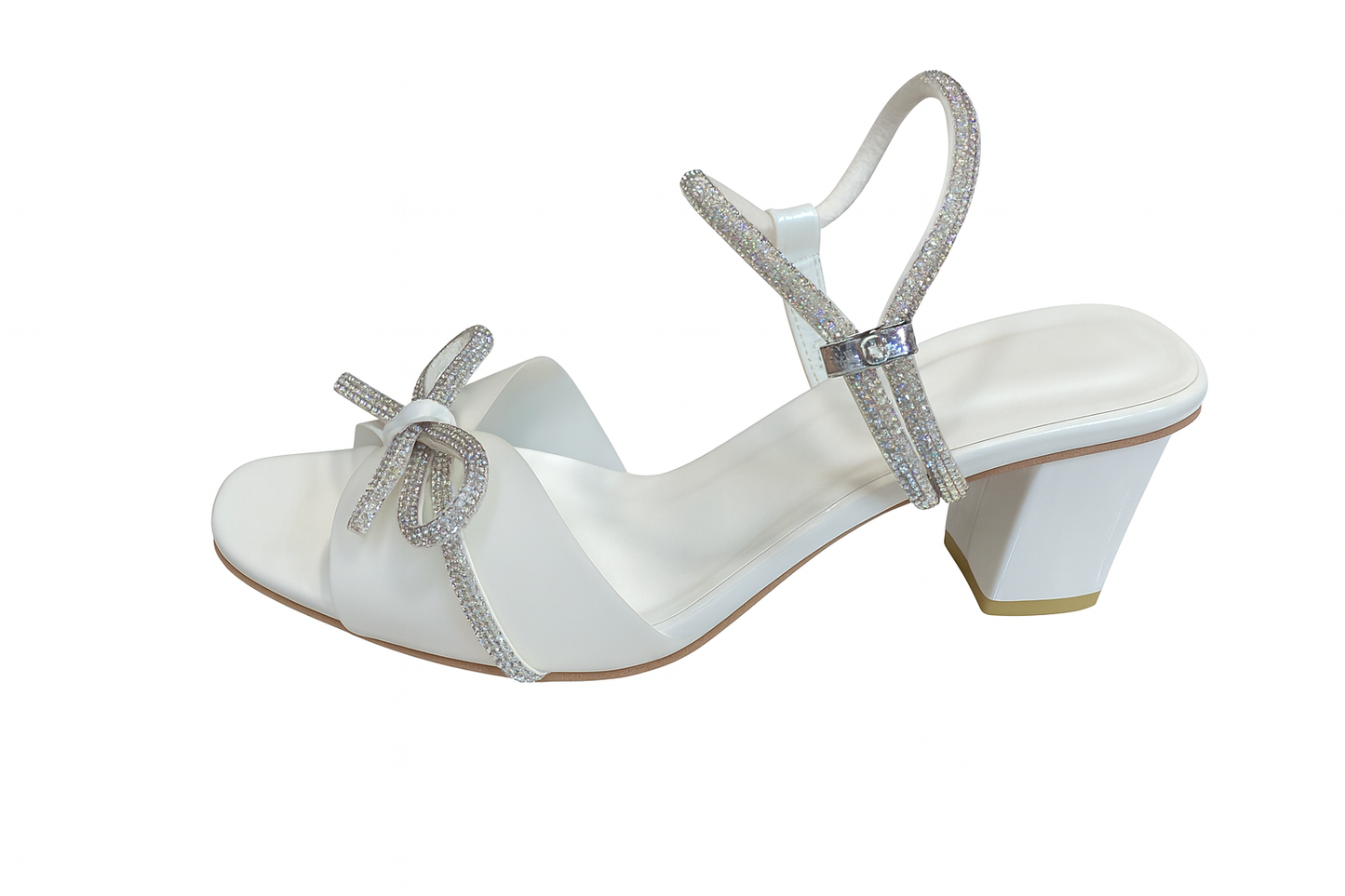 White Bow Strap Embellished Block Heels