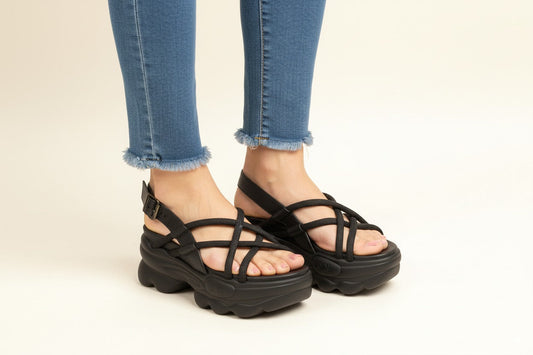 Black Metallic Crisscross Chunky Platform Sandals