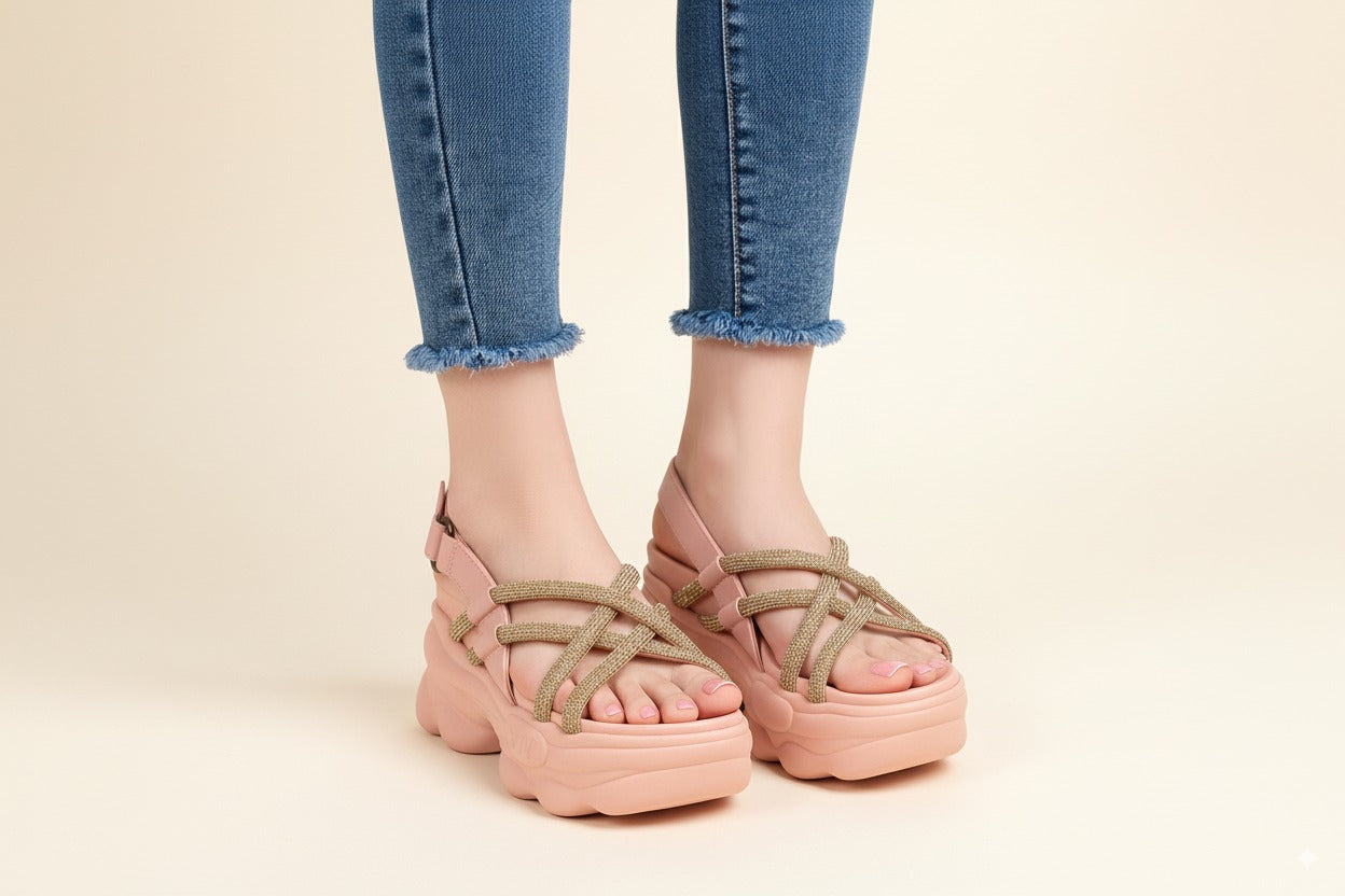 Pinkish Metallic Crisscross Chunky Platform Sandals