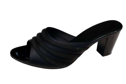 Black Glitter Strap Block Heels