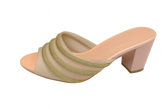 Nude-Peach Glitter Strap Block Heels
