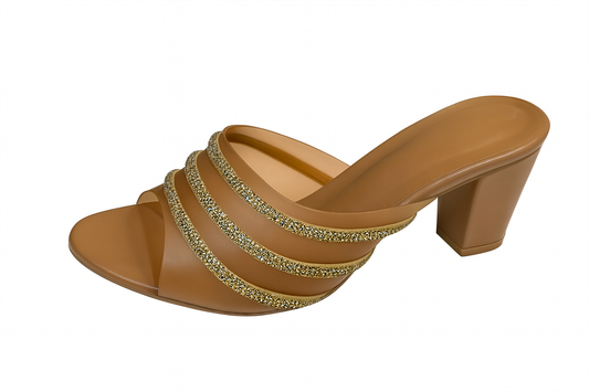 Golden-Brown Glitter Strap Block Heels