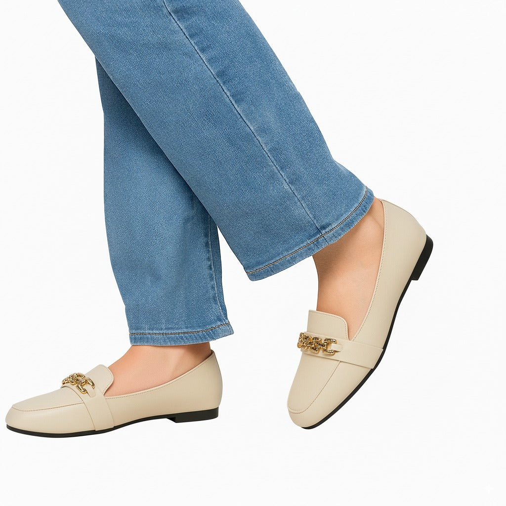 Cream Chain Accent Loafers