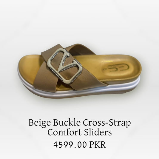 Beige Buckle Cross-Strap Comfort Sliders