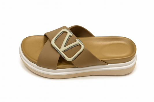 Beige Buckle Cross-Strap Comfort Sliders