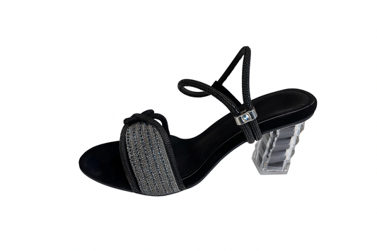 Black Crystal Block Heel Sandals