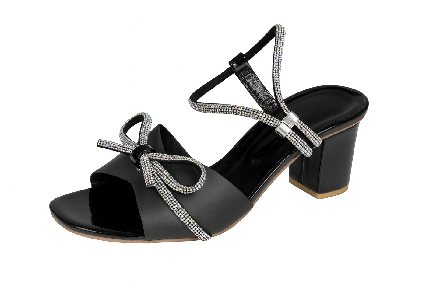Black Crystal Bow Block Heels