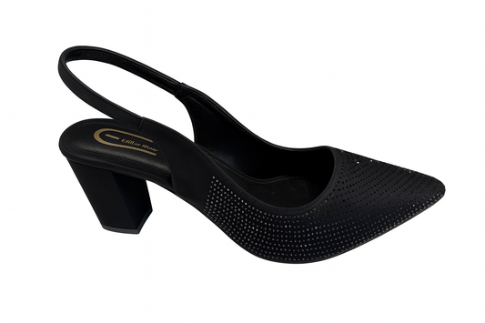 Black Rhinestone Slingback Block Heel Pumps