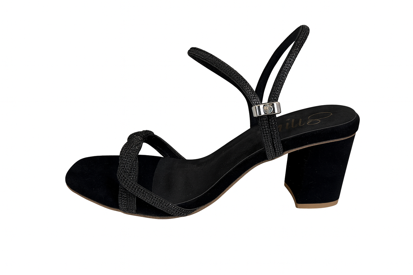 Black Shimmery Strappy Block Heel Sandals