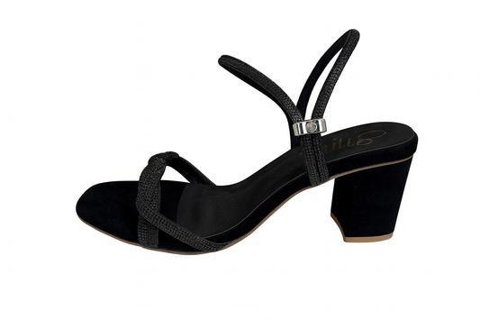 Black Shimmery Strappy Block Heel Sandals