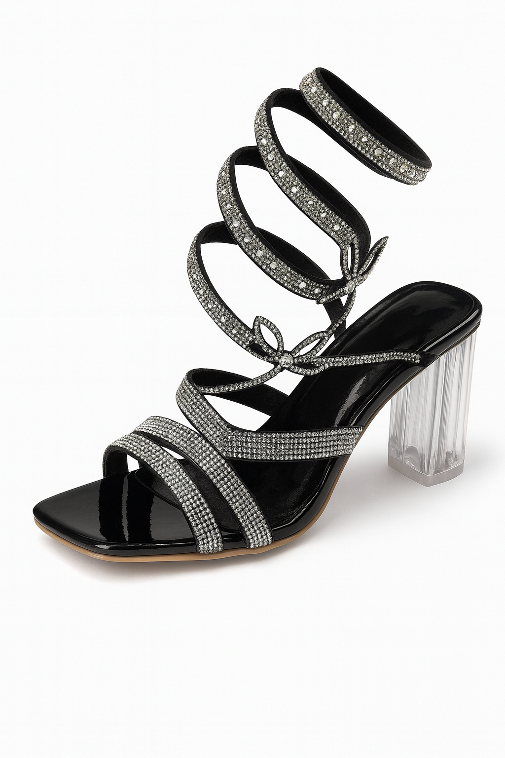 Black Spiral Crystal Strap Block Heels