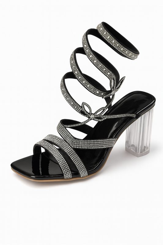 Black Spiral Crystal Strap Block Heels
