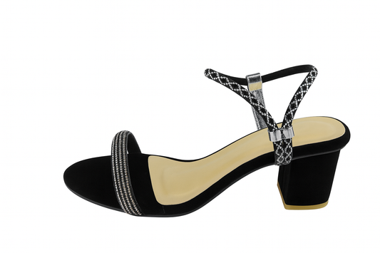 Black Velvet Crystal Strap Ankle Block Heels