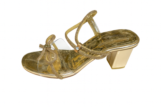 Golden Crystal Bow Block Heels
