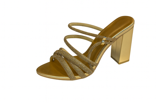 Golden Crystal Strap Block Heel Sandals