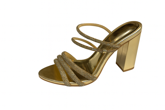 Golden Crystal Strap Block Heel Sandals