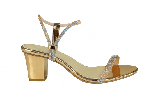 Golden Crystal Strap Block Heels