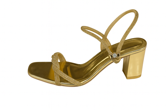 Golden Metallic Rhinestone Block Heel Sandals