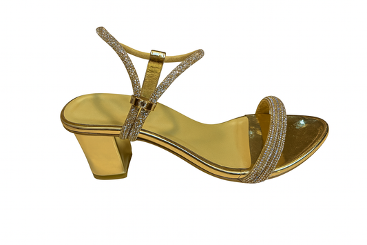 Golden Sparkle Crystal Strap Block Heels