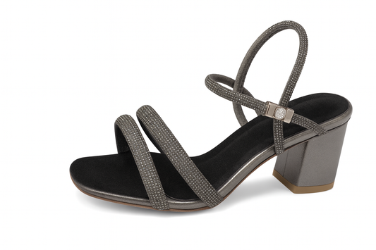 Grey Shimmer Crystal Strap Ankle Block Heels