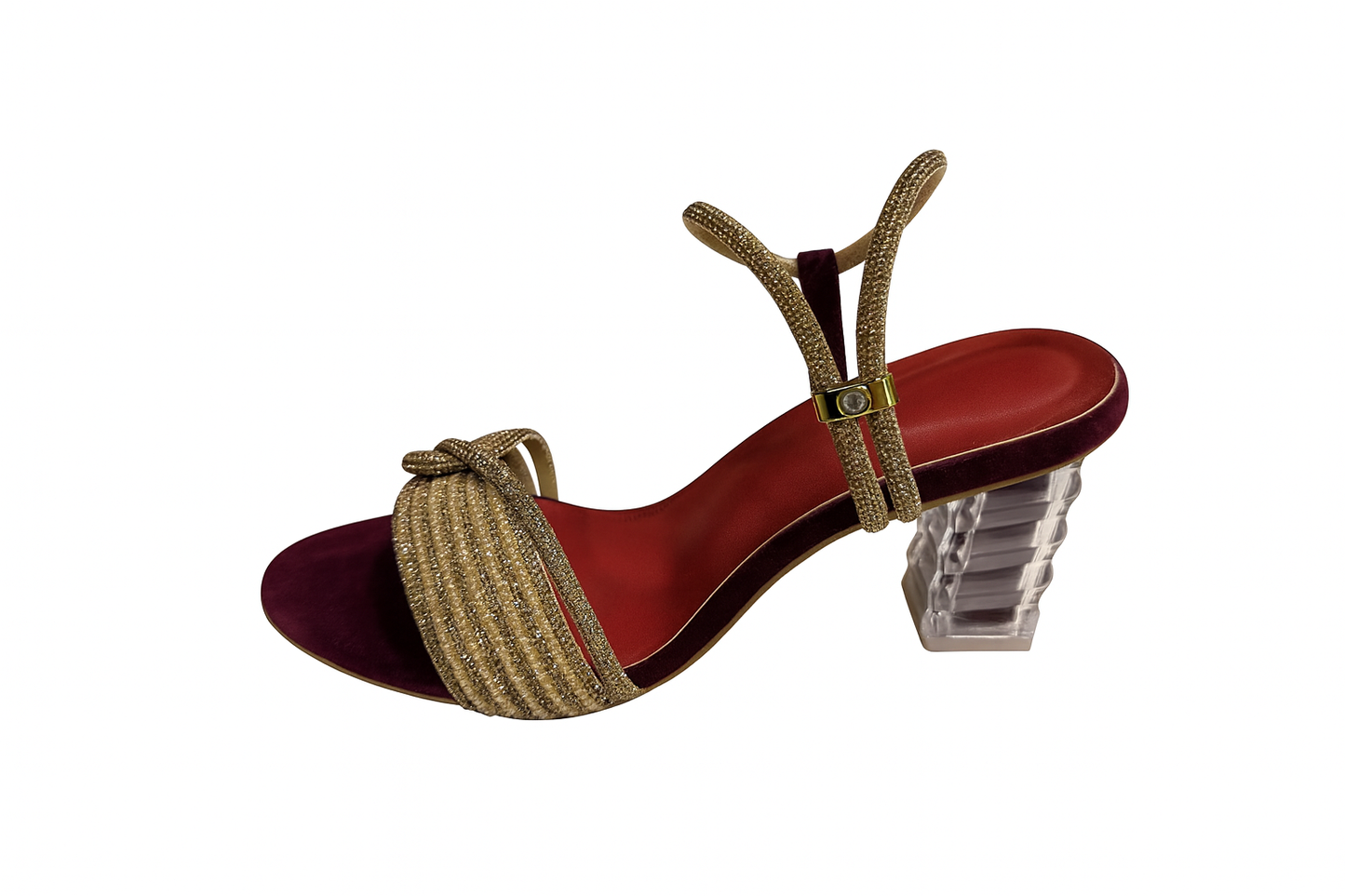 Maroon Velvet & Gold Shimmer Block Heel Sandals