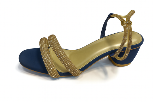 Navy Blue & Gold Crystal Strap Ankle Block Heels