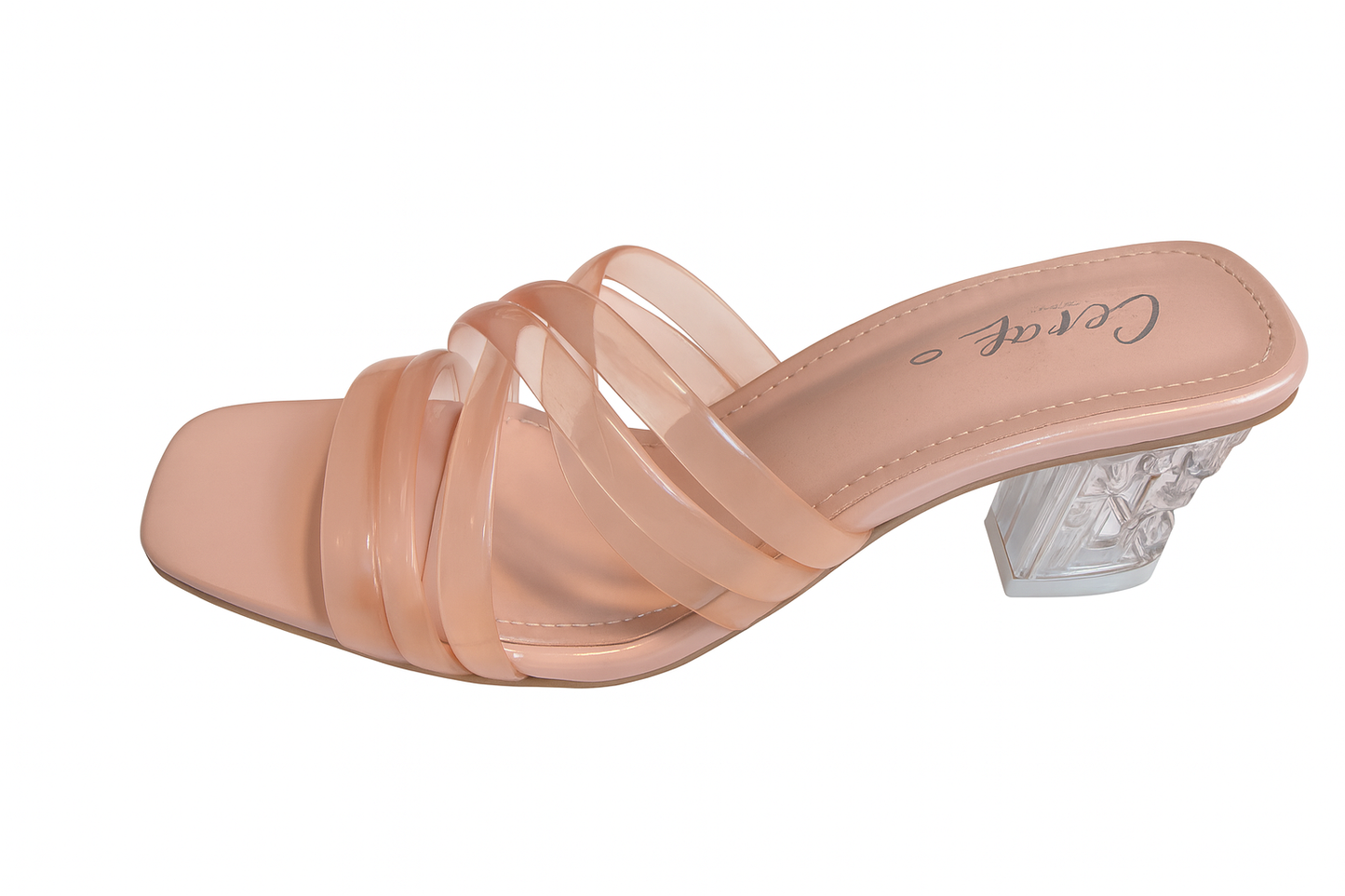 Peach Nude Transparent Strap Block Heels