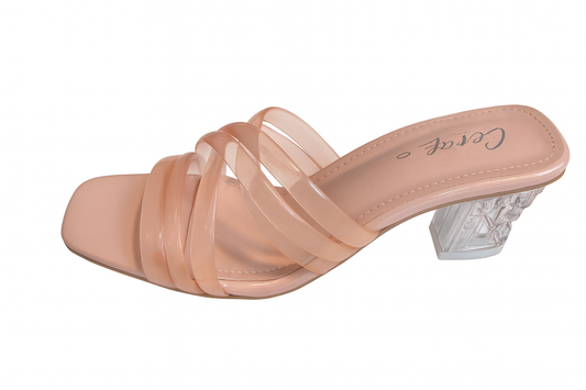 Peach Nude Transparent Strap Block Heels