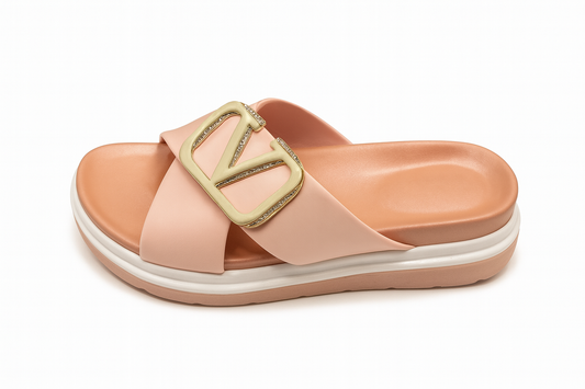 Peach Pink Comfort Sandals with Gold Buckle