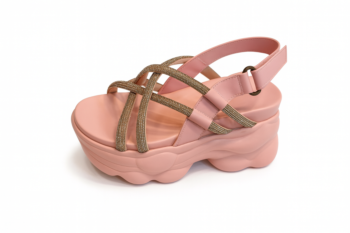 Pinkish Metallic Crisscross Chunky Platform Sandals