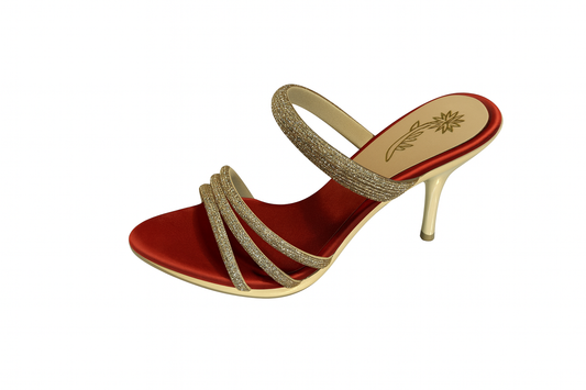 Red Satin Triple Strap Gold Stiletto Heels