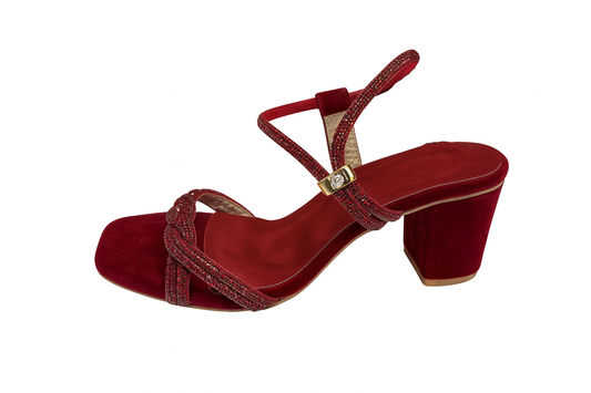 Red Velvet Braided Crystal Block Heels