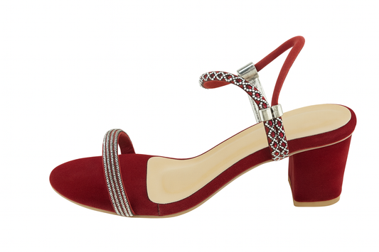 Red Velvet Crystal Strap Ankle Block Heels