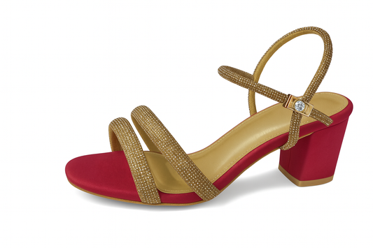 Red & Gold Dual-Tone Crystal Strap Ankle Block Heels