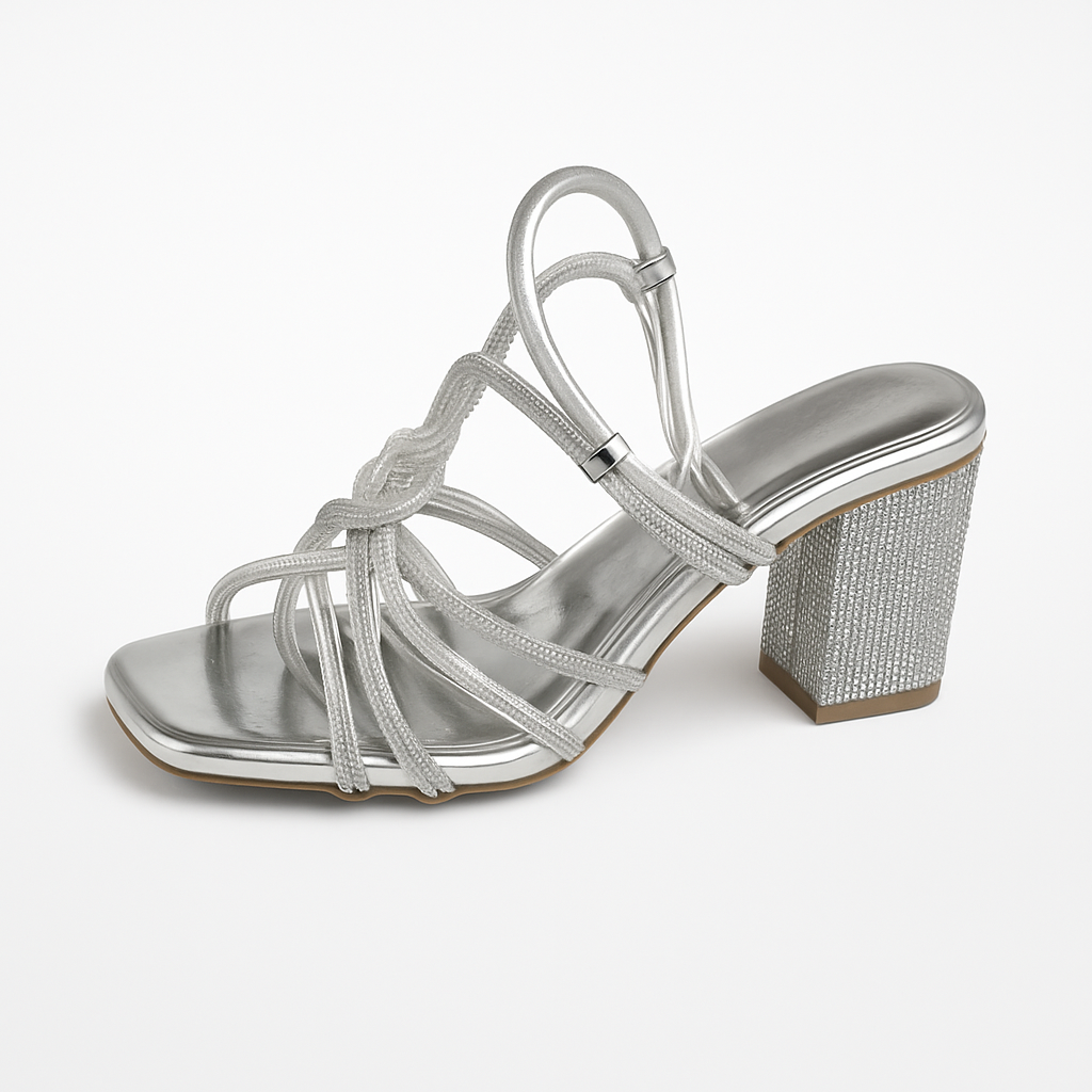 Silver Crystal Knot Block Heels