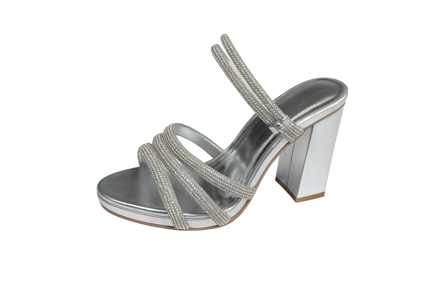 Silver Crystal Strap Block Heel Sandals