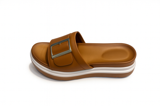Tan Buckle Comfort Slide Sandals
