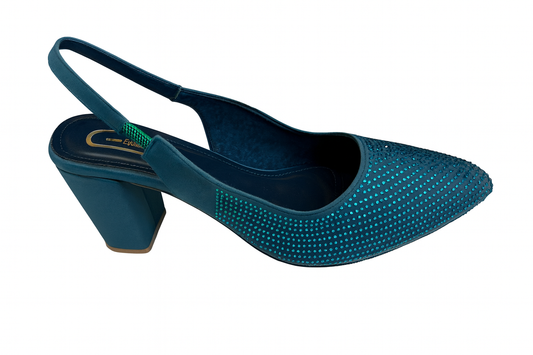 Teal Green Crystal Embellished Slingback Block Heels