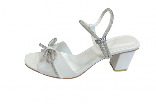 White Bow Strap Embellished Block Heels