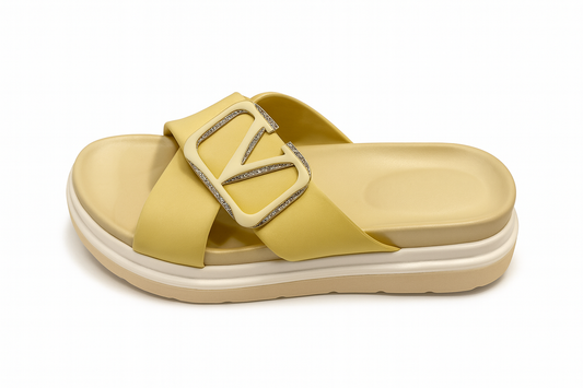 Yellow Buckle Cross-Strap Comfort Sliders